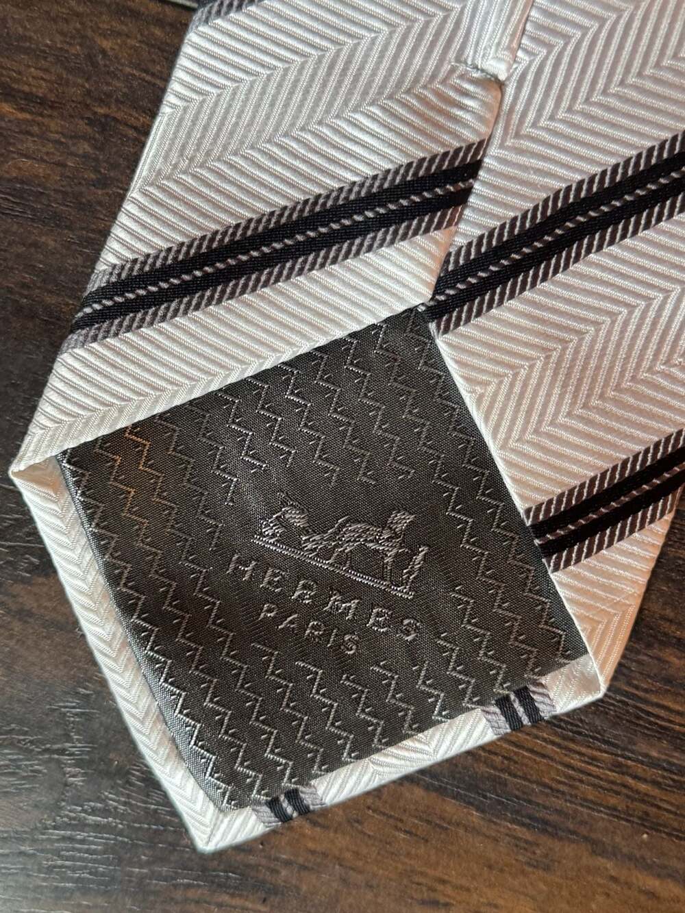 Hermes Paris Men's Silk Tie White and Black Herringbone Stripe